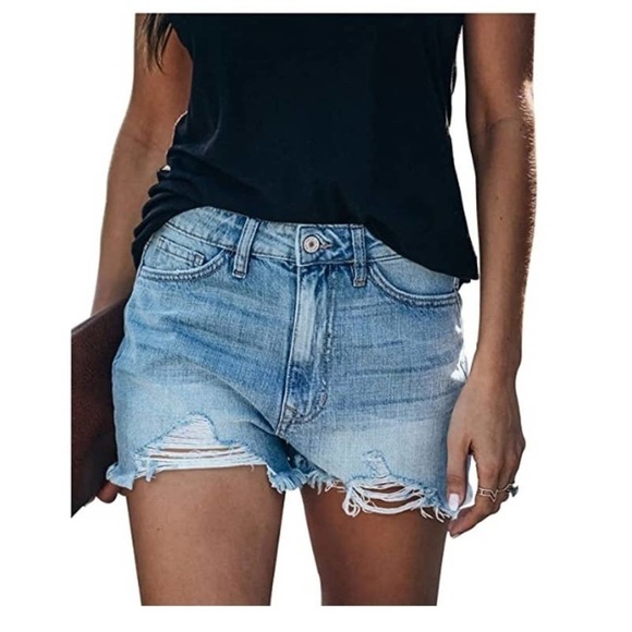 FOLIVORA Women's Denim Shorts Distressed Frayed Hem Blue NWT - Picture 8 of 10